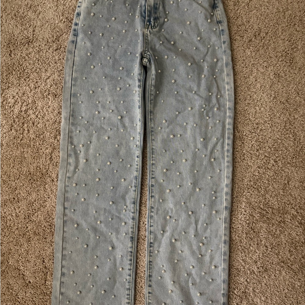 Light Blue Pearl-Embellished Women’s Jeans